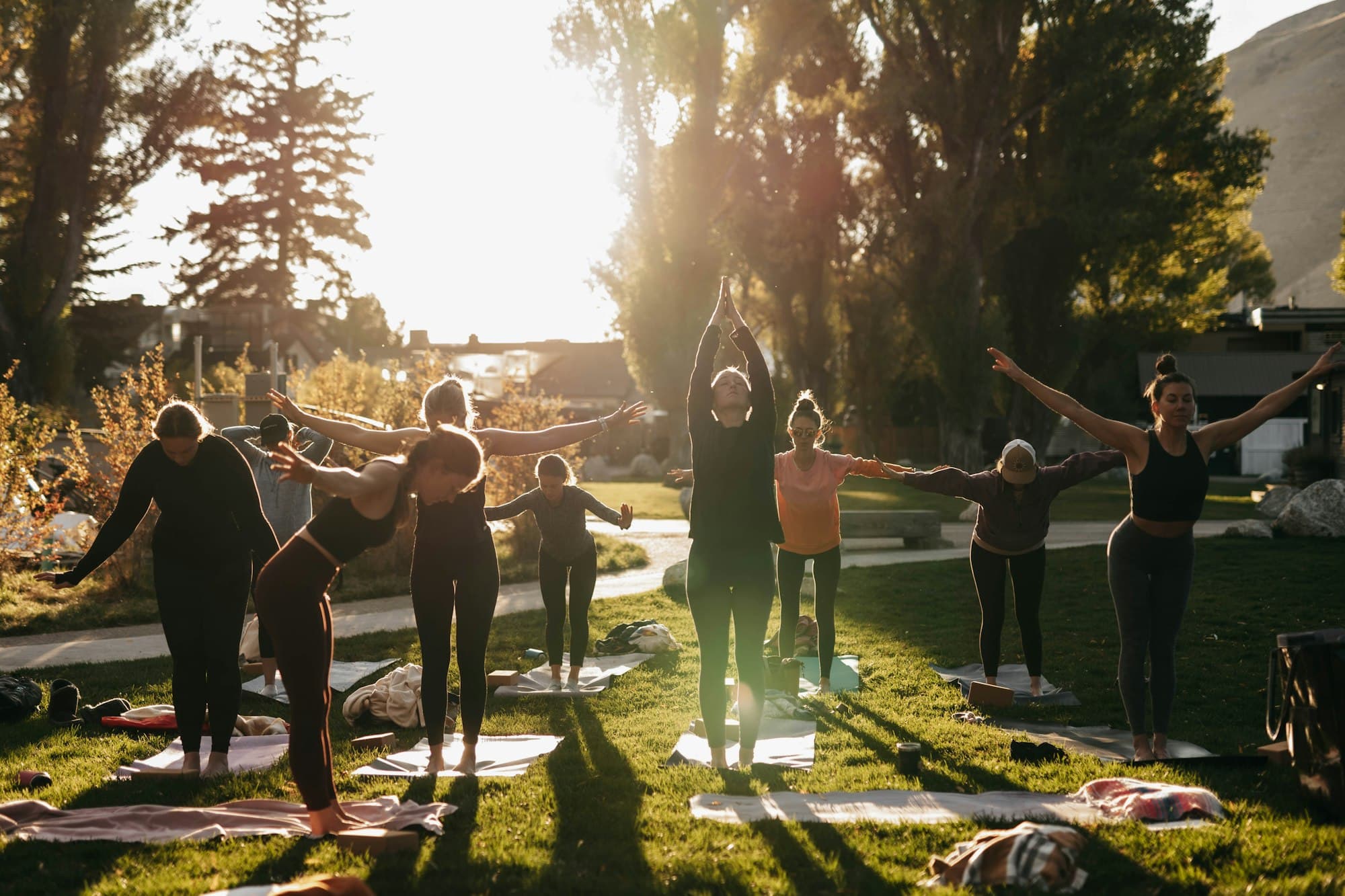 Team members training together in a corporate wellness session.